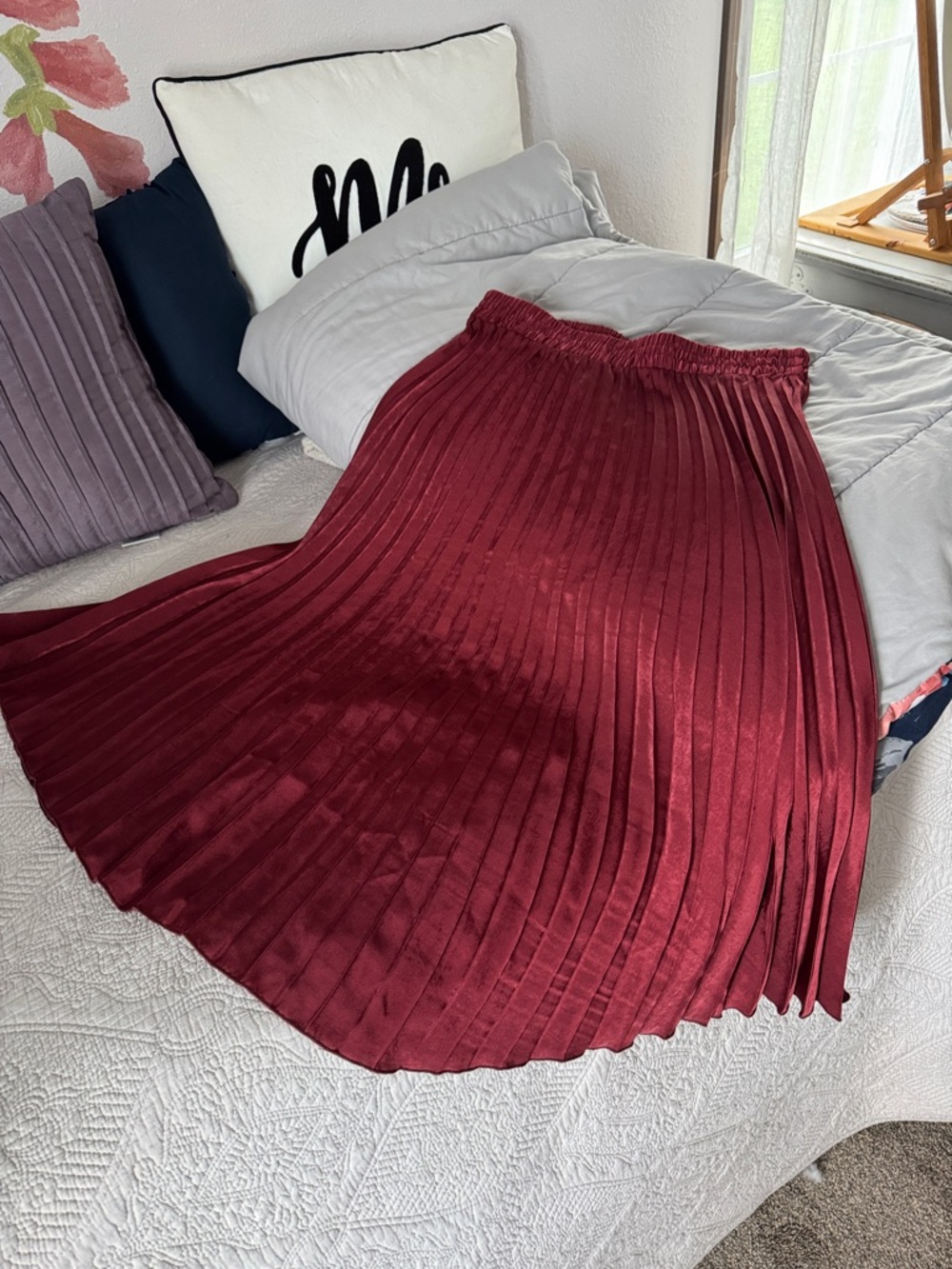 Burgundy Knife Pleat Midi Skirt